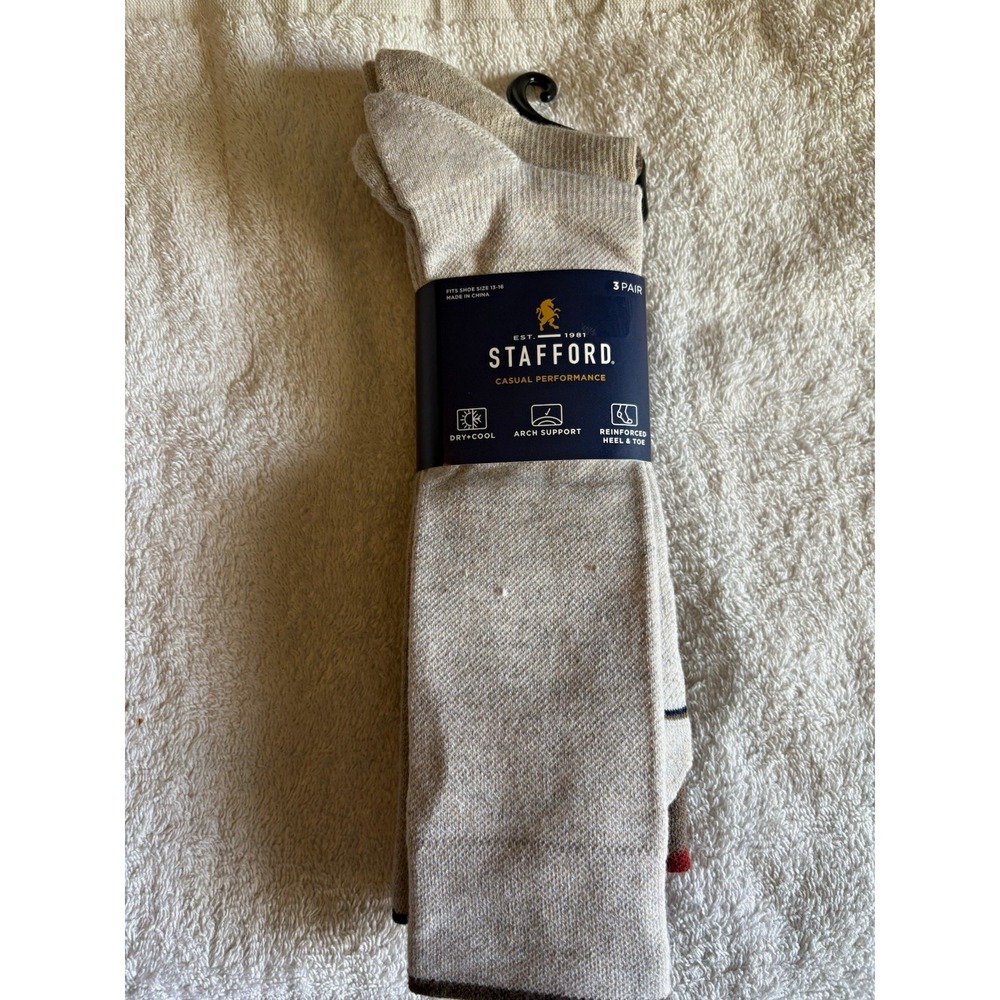 Stafford Men's Casual Performance Socks 3 Pair Tan Arch Support Reinforced 13-15